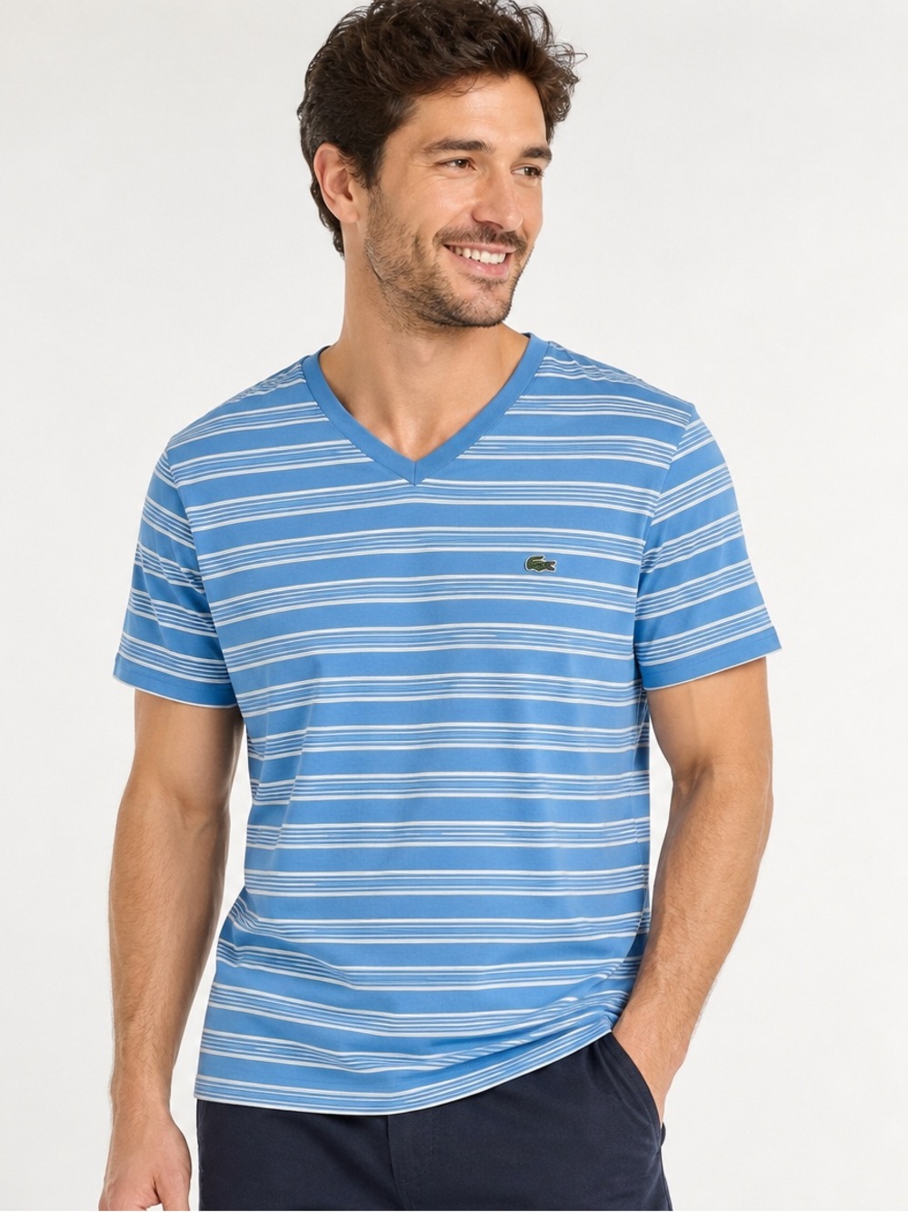 Lacoste Light Blue and White Striped V-Neck Men's Tee